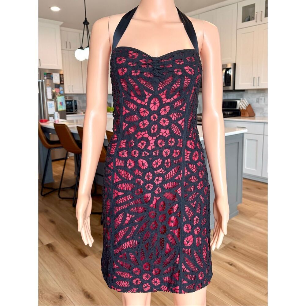 Vintage Betsey Johnson Whimsigoth Vampy Red Black Lace Halter Dress 10 Y2K 90s
